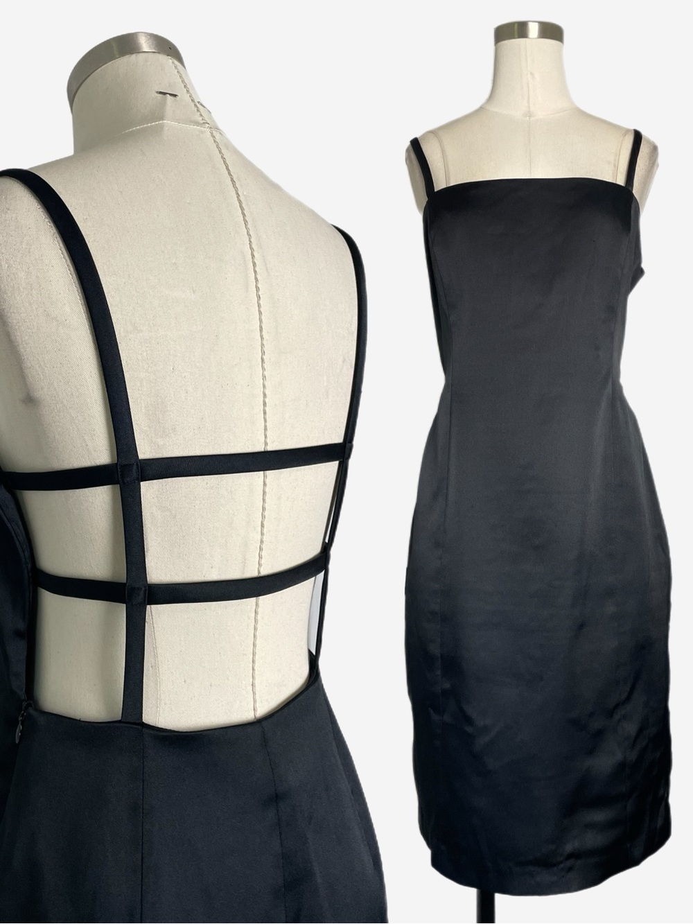 Vintage 90s Laundry by Shelli Segal black satin stretch cage back mini dress S/M